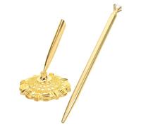 Golden Metal Ballpoint Counter Pen with Base, Stylus, School Season Decor | Elegant Vertical Desk Design, Fixed Stand for Guest Books, Hotels, Signatures and Effortless Writing