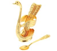 Golden Metal Dessert Spoons and Forks Set with Swan Storage Base | Alloy Construction, Retro Style, Smooth Burr-free Edges, Convenient Countertop Organisation for Coffee Stations, Cafés