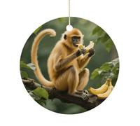Golden Monkey Double-Sided Ceramic Christmas Ornaments - Round Hanging Mini Xmas Tree Decorations, Ideas for Farmers, Rustic Home Decor for Indoor Outdoor Tree Decor