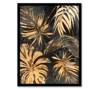 Golden Monstera Leaf Palm Frond Dark Plant Lover Framed Art Print Artery8 Gold W12 inch x H16 inch