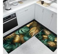 Golden Monstera Leaves Kitchen Rug Set 2 Piece with Green Non Slip Machine Washable Kitchen Mats for Floor Luxury Plants Kitchens Floor Mat Carpet Runner Rugs for Laundry Holiday Decor