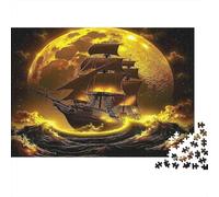 Golden Moon Ship 1000 Piece Jigsaw for Adults Golden Ship Sailing Under Full Moon Sea Premium Sturdy Vibrant Challenging Hard Stress Relief 70x50cm/1000pcs