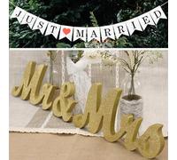 Golden Mr & Mrs Wooden Letters and Banner for Wedding Table, Just Married Decoration, Mister and Miss Wedding Sign