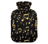 Golden Music Notes Black Hot Water Bottle with Soft Cover Hot Water Bag for Menstrual Cramps Medium