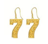 Golden Number 7 Earrings with Floral Carving Design, Elegant Statement Drop Earrings for Women, Minimalist commuter style for Special Occasions