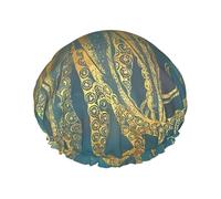 Golden Octopus Print Shower Cap - Double Layer Breathable, Adjustable Elastic Strap, Durable Hotel Travel Essentials
