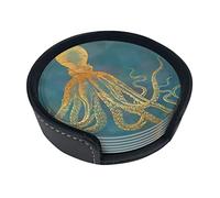 Golden Octopus Round Leather Coasters (6 Pieces) A Leather Coaster Organizer :: Fine and Soft, Easy to Clean -3.9 in