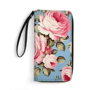 Golden Ornate Butterfly Wallets for Women Long Wristlet Leather Wallets with Zipper Holder Large Capacity Coin Pocket, Vintage Rose Blue, 19.7x10.5cm, Modern