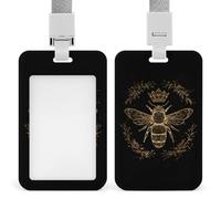 Golden Ornate Queen Bee Crowned Funny Badge Holder Plastic | Novelty Name ID Card Cases Work Tag with Lanyard for Office Employee