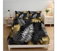 Golden Palm Leaves Bedding Fitted Sheet King, Tropical Plants Fitted Sheet Extra Deep Pocket 30 Cm Soft Microfiber Breathable Bed Sheets 150x200x30 cm, Gray
