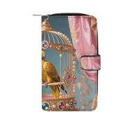 Golden Parrot in Cage Wallet for Men Women PU Leather Wallet Long Wallets Bifold Wallets with 12 Card Holder