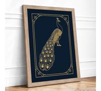 Golden Peacock Display Art Deco Framed Wall Art Print A2 (59.4×42cm) Oak, Wall Decor for Living Room, Bedroom, Office & Home, Ready to Hang, Art Gift