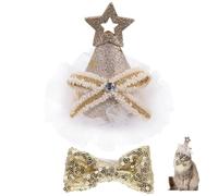 Golden PET Birthday Hat and Bowtie Set for Small Dogs | Party Themed Look, Polyester Cotton PET Blend, Quick on Wear, for Photo Shoots and Holiday Celebrations