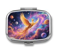 Golden Phoenix in Nebula Pill Box 2 Compartment Square Metal Pill Organizer Portable Mini Travel Medicine Case with Mirror Cute Medicine Container Holder for Pocket Purse