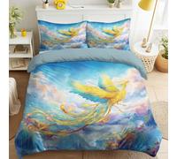 Golden Phoenix Mountains Colourful Clouds Duvet Cover Anime Dreamy Artistic BREATHABLE & FlULLY Fantasy Nature Mythical Duvet Cover with Zipper Light blue Bedding for Boys & Girls King 220 x 230