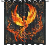Golden Phoenix Pattern Blackout Privacy Curtain W 66" x L 72" (2 Panels) for Teens Playroom, Black Pattern Opaque Eyelet Curtains Living Bedroom Decor, Thermal Insulated Anti-fade Drapes