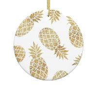 Golden Pineapple Background Double-Sided Printed Christmas Ceramic Round Ornament With Gold Hanging Cord-Festive Holiday Decoration For Home,Store