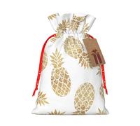 Golden Pineapple Background Print Christmas Drawstring Gift Bags Holiday Party Xmas Birthday Favors Present Sacks