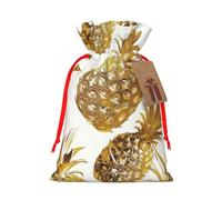 Golden Pineapple Background Printed Christmas Drawstring Gift Bags-Xmas Wrapping Bags,Candy Bag,For Holiday Party Decorations,Wedding Party Supplies M Red Ribbon