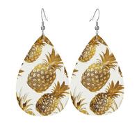 Golden Pineapple Background Printed Leather Earring For Women,Teardrop Dangle Earrings For Women Friends Valentine Birthday Party Christmas Gifts