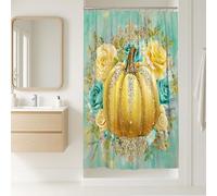Golden Pumpkin Shower Curtain, Floral Aqua Yellow Rose Bathroom Decor, Autumn Harvest Modern Elegant Waterproof Fabric Shower Curtain with Hooks 36x72 Inch
