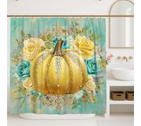 Golden Pumpkin Shower Curtain, Floral Aqua Yellow Rose Bathroom Decor, Autumn Harvest Modern Elegant Waterproof Fabric Shower Curtain with Hooks 72x84 Inch