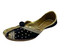 Golden Punjabi Juttis - Bridal Ethnic Shoes for Women Party Wear Indian Velvet Traditional Footwear, Black-2, 7 UK