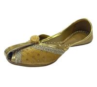 Golden Punjabi Juttis - Bridal Ethnic Shoes for Women Party Wear Indian Velvet Traditional Footwear, Golden-2, 8 UK