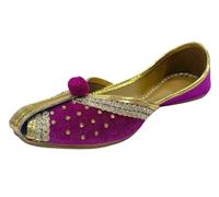 Golden Punjabi Juttis - Bridal Ethnic Shoes for Women Party Wear Indian Velvet Traditional Footwear, Pink-2, 4.5 UK