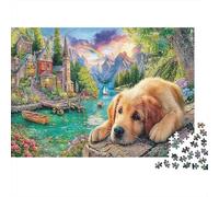 Golden Puppy Scene 1000 Piece Jigsaw Puzzle Bundle for Adult Family Thick Premium Paper Lab Pond Landscape Print Home Decoration Wall Display Gift for Couples Weekend Fun Jigsaw 52x38cm/1000pcs