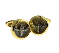 Golden Real Moving Cogs Cufflinks in a Personalised Engraved Black Leatherette Cufflink Box