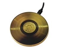 Golden Record Disc Wireless Phone Charger Wooden Space Gift | 1200dpi print on natural wood | 90mm pad | 10W Qi charging | USB cable included | Made to order in the UK