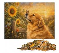 Golden Retriever and Butterfly in Sunflowers Jigsaw Puzzle, None Pieces | A focused indoor hobby: a clear section-by-section approach during indoor leisure.