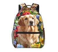 Golden Retriever And Flowers Cute Backpack Waterproof Lightweight Casual Backpack One Size Daypack Travel Laptop Bag For Men Women