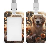 Golden Retriever and Flowers ID Badge Holder with Lanyard Vertical Badge Reel Clip Durable Clear Window Name Tag ABS Plastic Push-Pull Design ID Card Holder for Office, Nurses, Employees