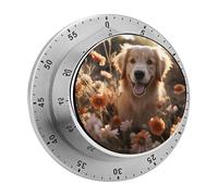 Golden Retriever and Flowers Kitchen Timer 60 Minute Visual Wind Up Timers Indoor Mechanical Timers with Magnetic Base Stainless Steel Timer for Home Cooking Time Management Tool