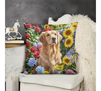 Golden Retriever and Flowers Plush Pillow Case Soft Fluffy Decorative Throw Pillow Cover with Invisible Zipper Double Side Personality Cushion Case for Couch Bed Sofa Car Bedroom 16 "x16