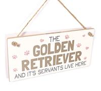 Golden Retriever and Its Servants Live Here Hanging Sign