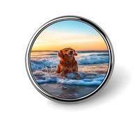 Golden Retriever Beach Sunset Round Badge Pin Metal Memorial Brooch Button Lapel Pins for Backpack Wedding
