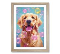 Golden Retriever Bubble Gum Painting No.2 Framed Print | A2 Oak Framed Wall Art | Ready to Hang | Modern Animal Picture | Living Room Bedroom Lounge Office