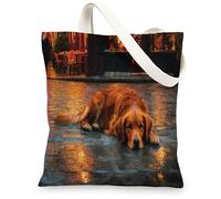 Golden Retriever Canvas Tote Bags, Cute Dog Art Reusable Grocery Bags, Stylish Lightweight Washable Shoulder Tote for Gym T, Golden, 13x15 Inch