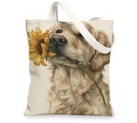 Golden Retriever Canvas Tote Bags, Cute Dog with Sunflower Design, Reusable Grocery Bags, Nature Lightweight Washable Shoulder Bags for Travel Beach 13x15 Inch