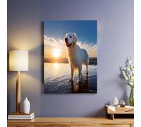 Golden Retriever Canvas Wall Art 50 x 40 cm Reproduction Oil Painting Sunset Beach Dog Giclee Print Framed Poster for Living Room Office Decoration