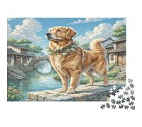 Golden Retriever Cardboard Golden Retriever on Village Bridge Premium Jigsaw Puzzle Brain Training Home Decor 52x38cm/1000pcs