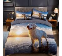 Golden Retriever Cot Bed Duvet Cover Set Sunset Beach Dog Toddler Bedding Sets Girls Boys Kids Soft Easy Care Bed Microfibre Quilt Cover 120x150 cm with Pillow Case