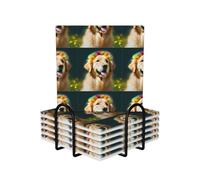 Golden Retriever Dog 6-Piece Set Of Ceramic Coasters Fully Printed Non-Slip Absorbent Coasters, Made Of Environmentally-Friendly And Safe Ceramic Materials, Equipped With Metal Storage Racks