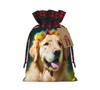 Golden Retriever Dog Christmas Drawstring Linen Gift Bag Paired With Scottish Plaid Fabric, With A Delicate And Simple Texture