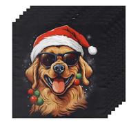 Golden Retriever Dog Christmas Hat Cloth Napkin Set of 6, Washable Polyester Dinner Napkin Washable Reusable Table Napkins with Hemmed Edges for Home Wedding Party Holiday Decoration 20 X 20 in
