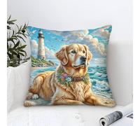 Golden Retriever Dog Cushion Cover Modern Art Decorative,Coastal Lighthouse Oil Painting Square Cotton Pillow Cases Soft Polyester Pillowcases for Sofa Garden Bed Couch Cushions 50x50cm