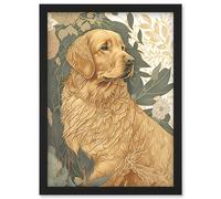 Golden Retriever Dog in Nature Soft Pastel Colour Illustration Artwork Framed Wall Art Print A4 Artery8 Black One Size